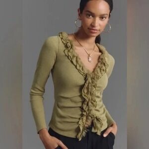 Anthropologie Olive Green Ruffled Lace Long Sleeve Thermal Top XS